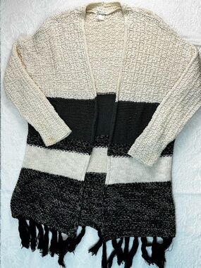 VENUS Black and Cream Striped Fringe Knit Open Cardigan